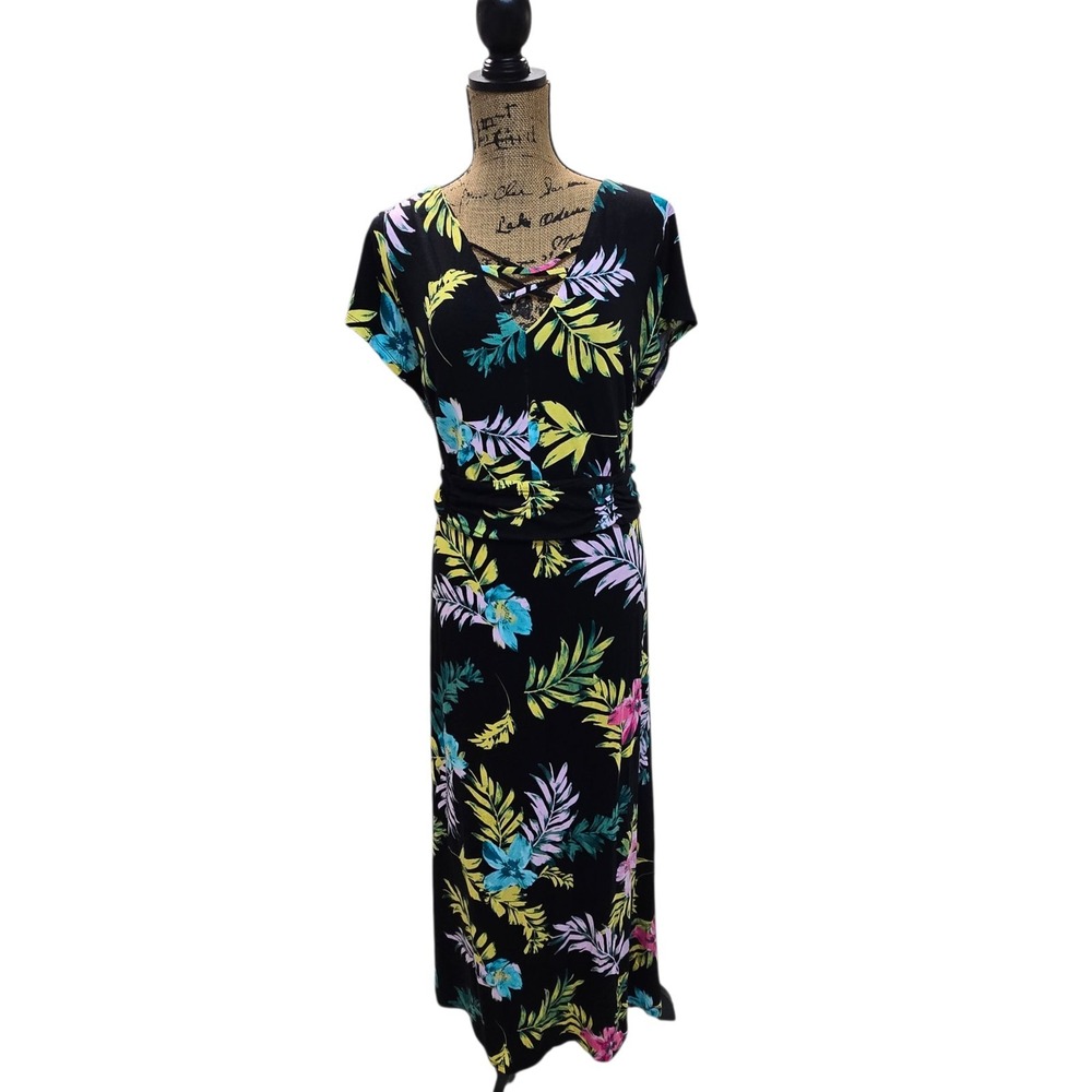 Westport Women's 1X Black Floral Maxi Dress Cap Sleeve One Side Slit NWT